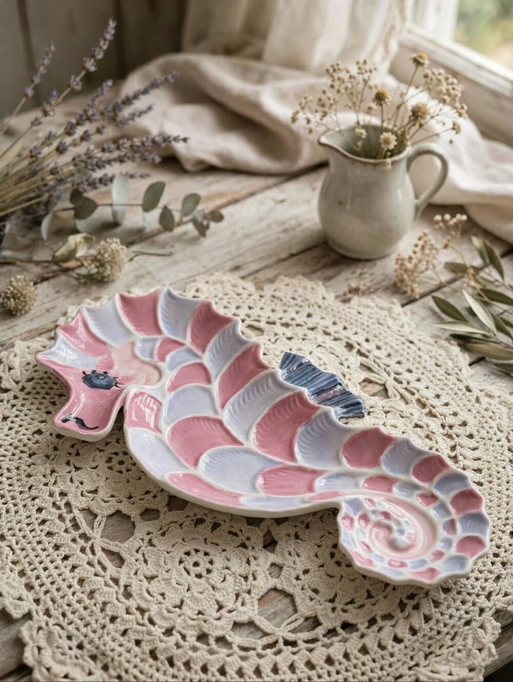 VTG Hand-Painted Pastel Seahorse Ceramic Trinket Tray / Serving Dish - Mold 934